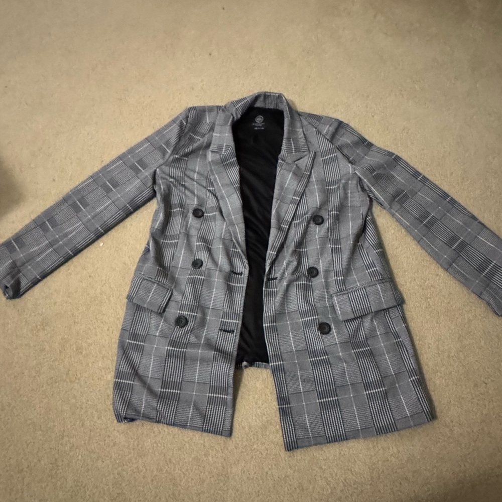 Grey, black and while plaid blazer